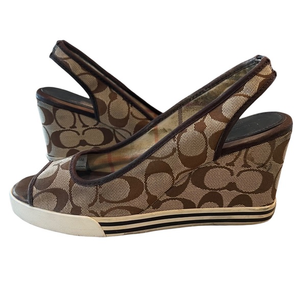Women’s Genuine Coach Sydney Monogram Peep Toe Wedges 8.5 Brown Tan - Picture 2 of 15